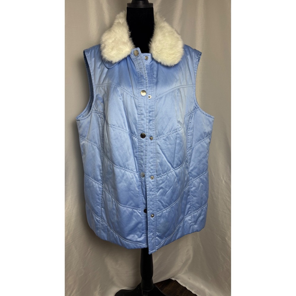 TanJay Puffer Vest Women 20W Blue Excellent Y2K Satin Faux Fur Collar Pockets